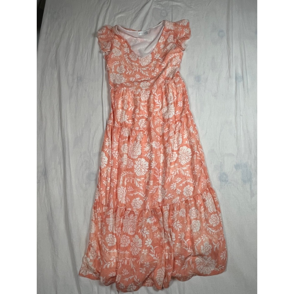 Smith & Quinn Peach Floral Flutter Sleeve Tiered Maxi Dress XS V-Neck Lined